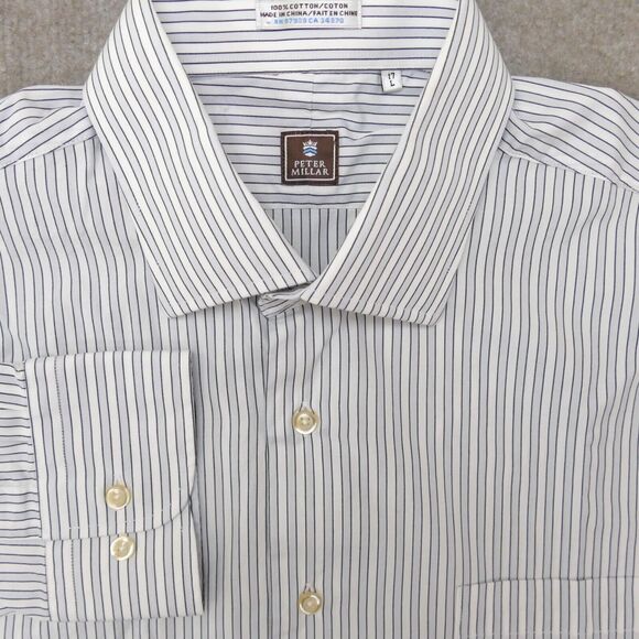 Peter Millar Button Up Shirt Mens Large (17) Gray Striped Cotton Long Sleeve - Picture 1 of 12